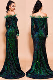 New Off-the-shoulder Party Dresses Feather Long Sleeve Sequin Evening Dresses