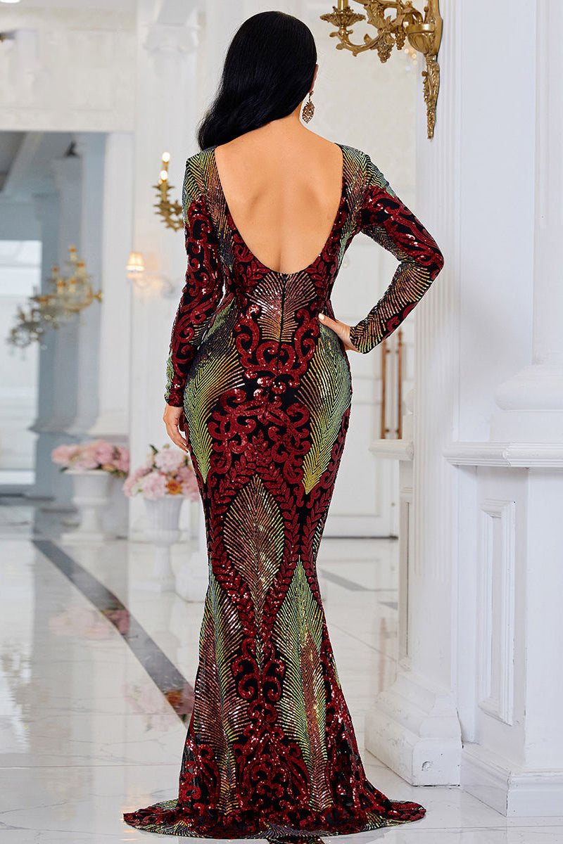 Mermaid Evening Dresses Elegant Sequins Print Long Sleeve Backless Prom Dresses