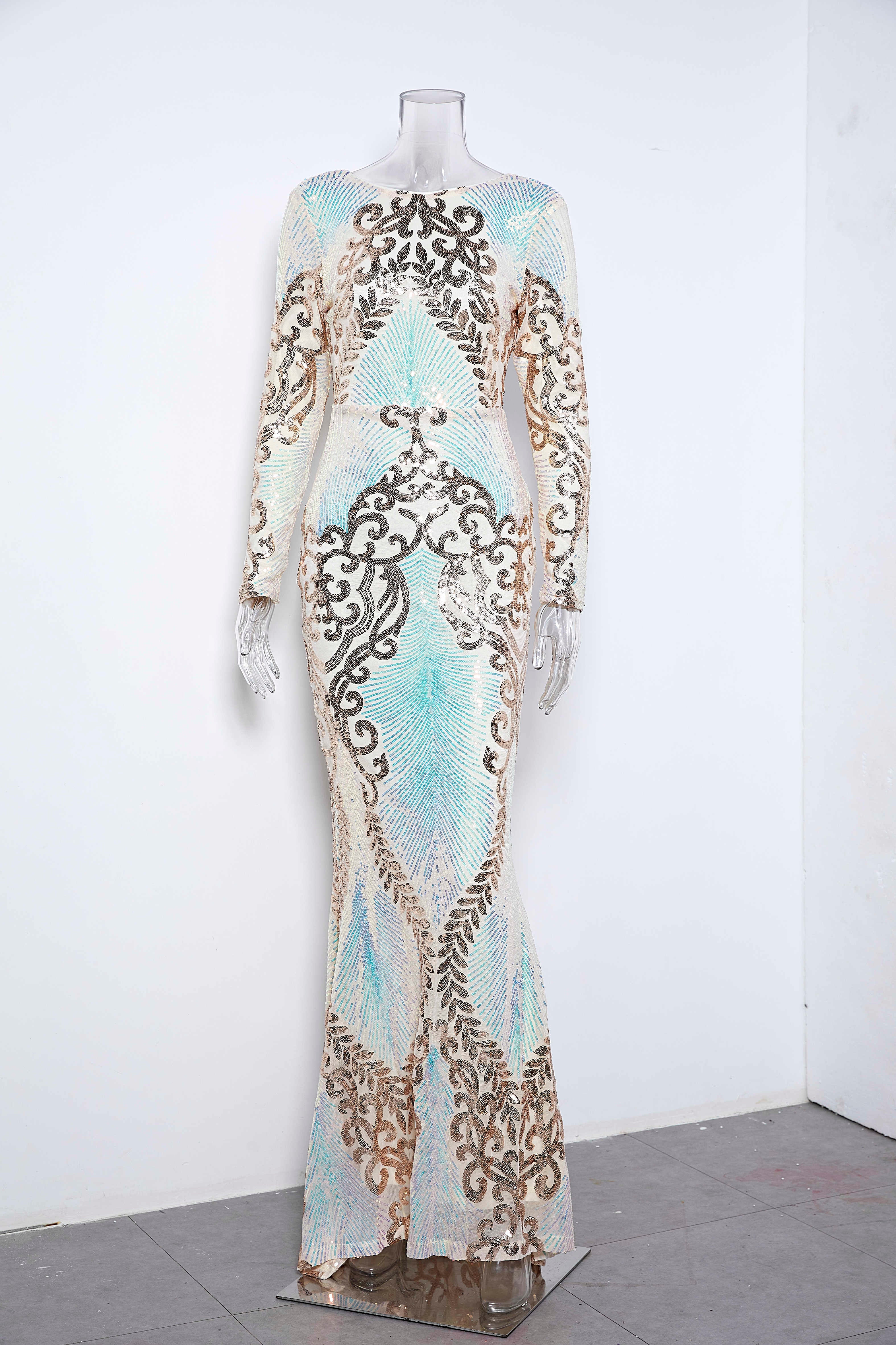 Mermaid Evening Dresses Elegant Sequins Print Long Sleeve Backless Prom Dresses
