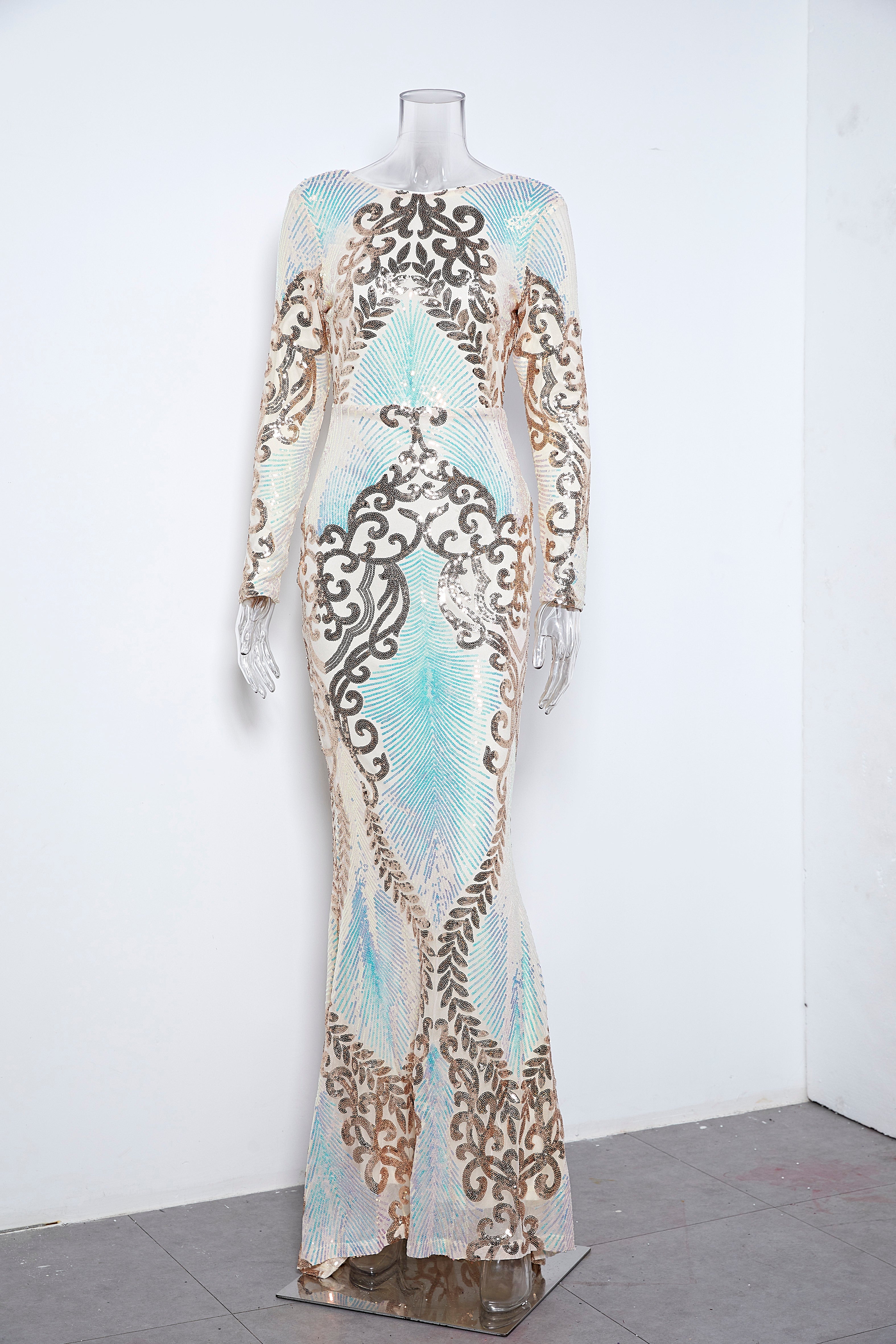 Mermaid Evening Dresses Elegant Sequins Print Long Sleeve Backless Prom Dresses