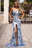 Strapless Sweep Train Long Prom Dresses Mermaid Gown Front Split Party Dresses