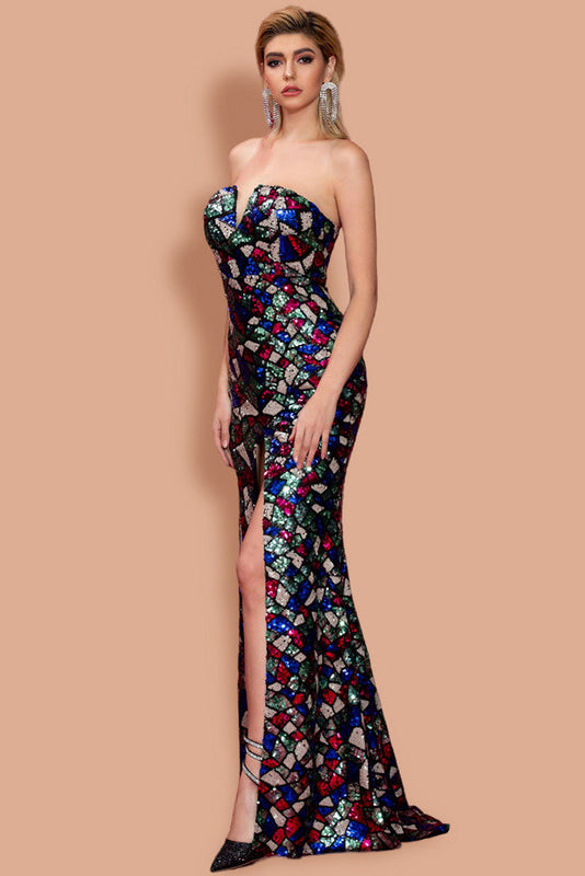 Strapless Sweep Train Long Prom Dresses Mermaid Gown Front Split Party Dresses