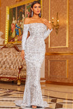 Modest Sweep Train Mermaid Off-the-shoulder Sequins Long Sleeve Prom Evening Dresses