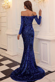 Modest Sweep Train Mermaid Off-the-shoulder Sequins Long Sleeve Prom Evening Dresses