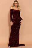 Modest Sweep Train Mermaid Off-the-shoulder Sequins Long Sleeve Prom Evening Dresses