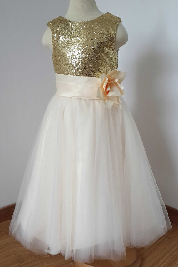 A Line Sleeveless Floor Length Gold Sequin Tulle Flower Girl Dress with Flower