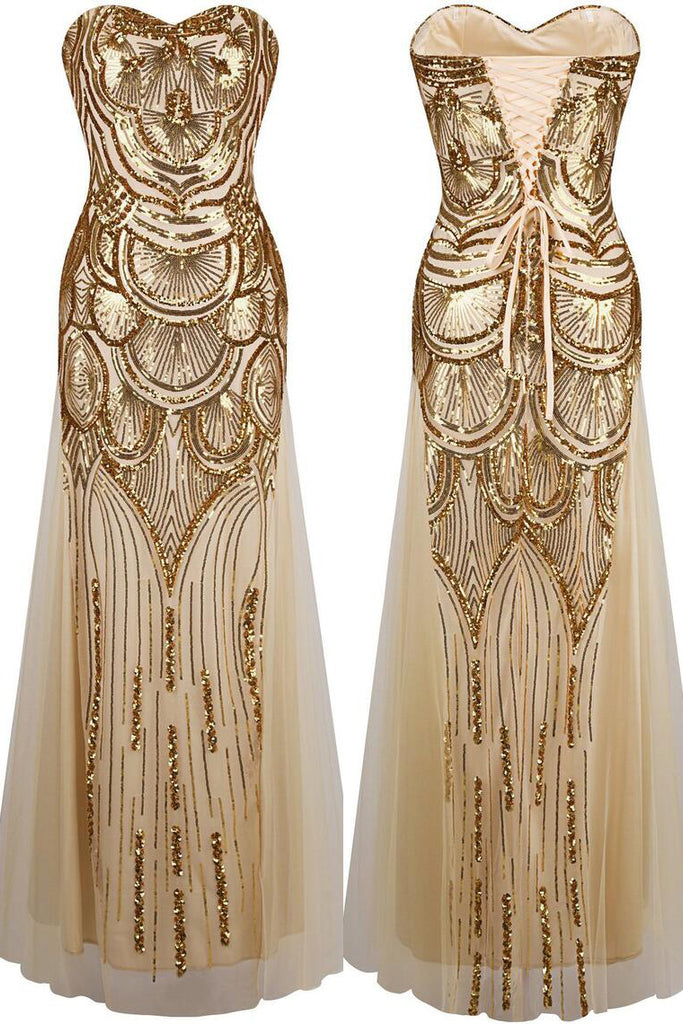 Floor Length Sweetheart Tulle Prom Dress with Sequins, Strapless Formal Dresses