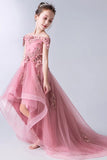 High Low Off the Shoulder Lace Appliques Tulle Flower Girl Dresses F071