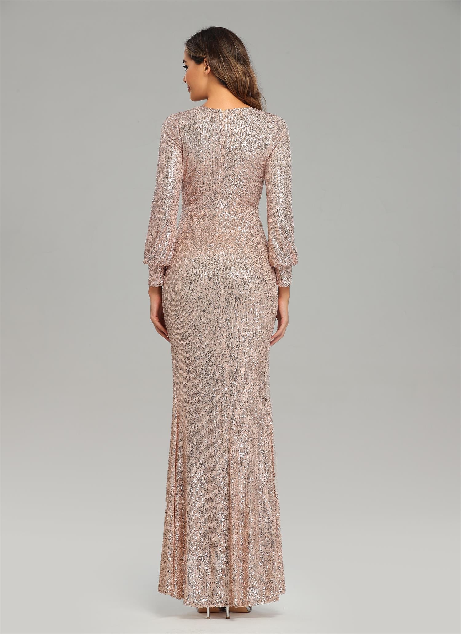 Glitter Sheath V-Neck Long Sleeves Front Split Sequin Prom Dresses