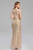 Elegant Short Sleeves Zipper Back Sequin Lace Long Prom Dresses