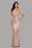 Pretty Long Sleeves V-Neck Mermaid Sequin Long Prom Dresses