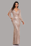 Pretty Long Sleeves V-Neck Mermaid Sequin Long Prom Dresses