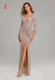 Glitter Sheath V-Neck Long Sleeves Front Split Sequin Prom Dresses