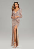 Glitter Sheath V-Neck Long Sleeves Front Split Sequin Prom Dresses