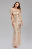 Elegant Short Sleeves Zipper Back Sequin Lace Long Prom Dresses