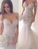 Charming Off-the-Shoulder Mermaid Style Sweep Train Lace Wedding Dresses