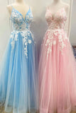 New Spaghetti Strap Floor Length A Line Tulle Prom Dress with Lace Appliques, Formal Dress N2649