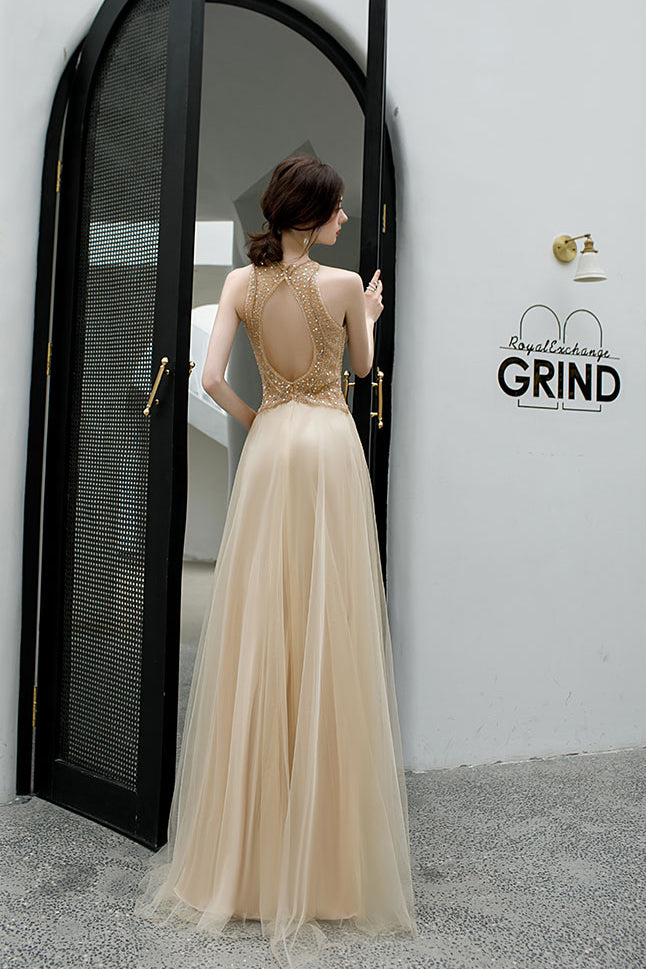 Halter Sleeveless Open Back Tulle Prom Dresses with Sequins N2663