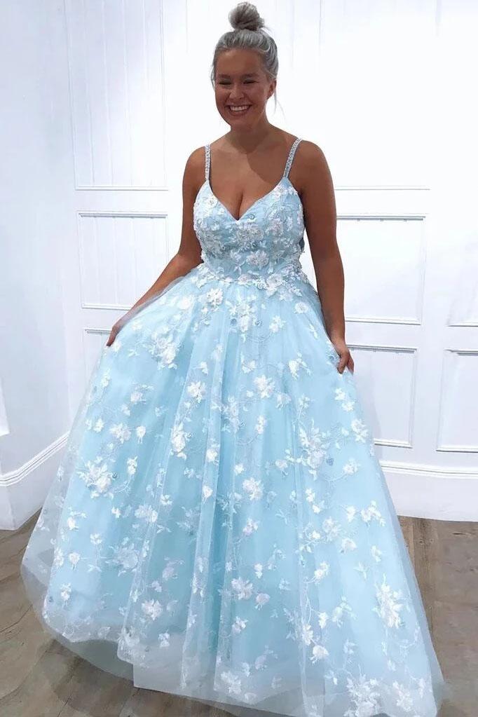 Spaghetti Straps Sleeveless Floor Length Prom Dress, Sky Blue Appliques Lace Prom Dresses N2473