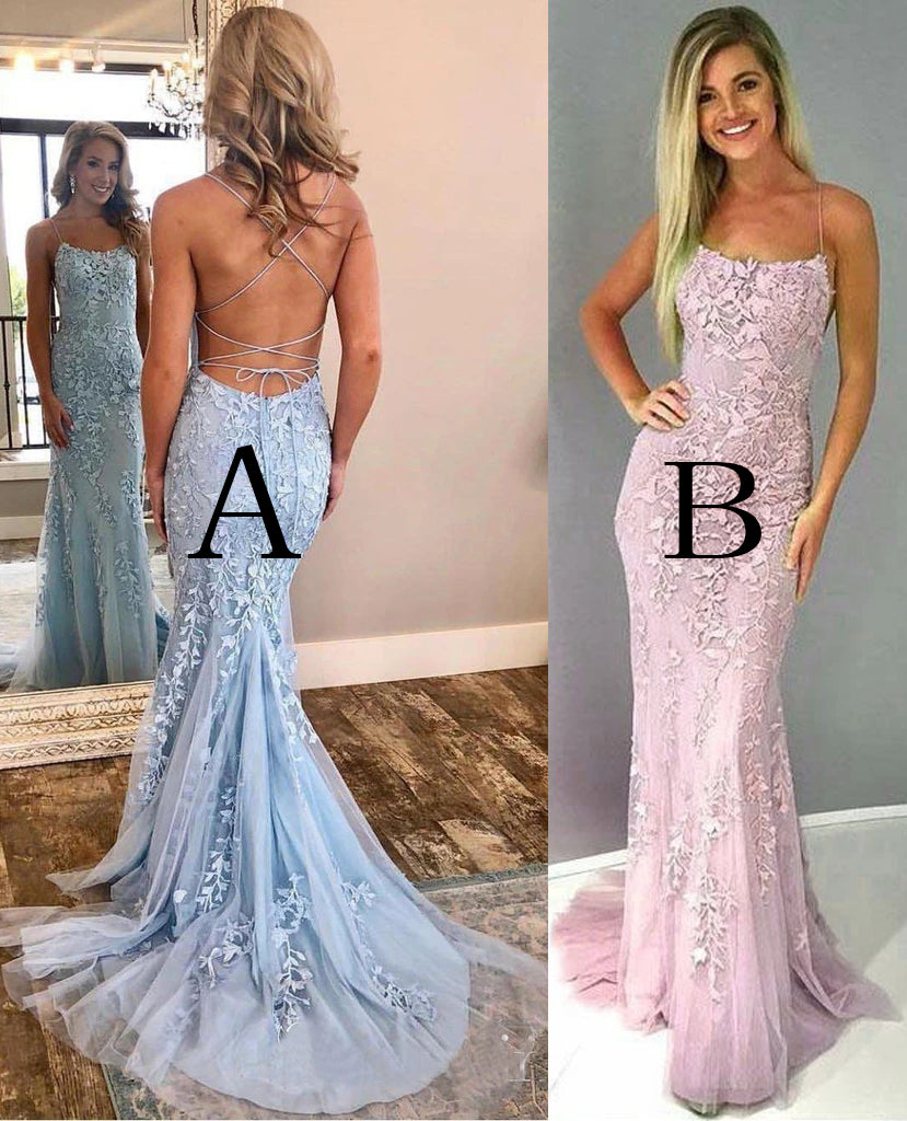 Mermaid Spaghetti Straps Lace Appliques Criss Cross Back Prom Dresses with Rhinestones