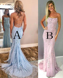 Mermaid Spaghetti Straps Lace Appliques Criss Cross Back Prom Dresses