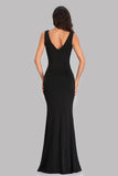Unique Black V-Neck Mermaid Prom Dresses with Slit Affordable Evening Dresses XU90817