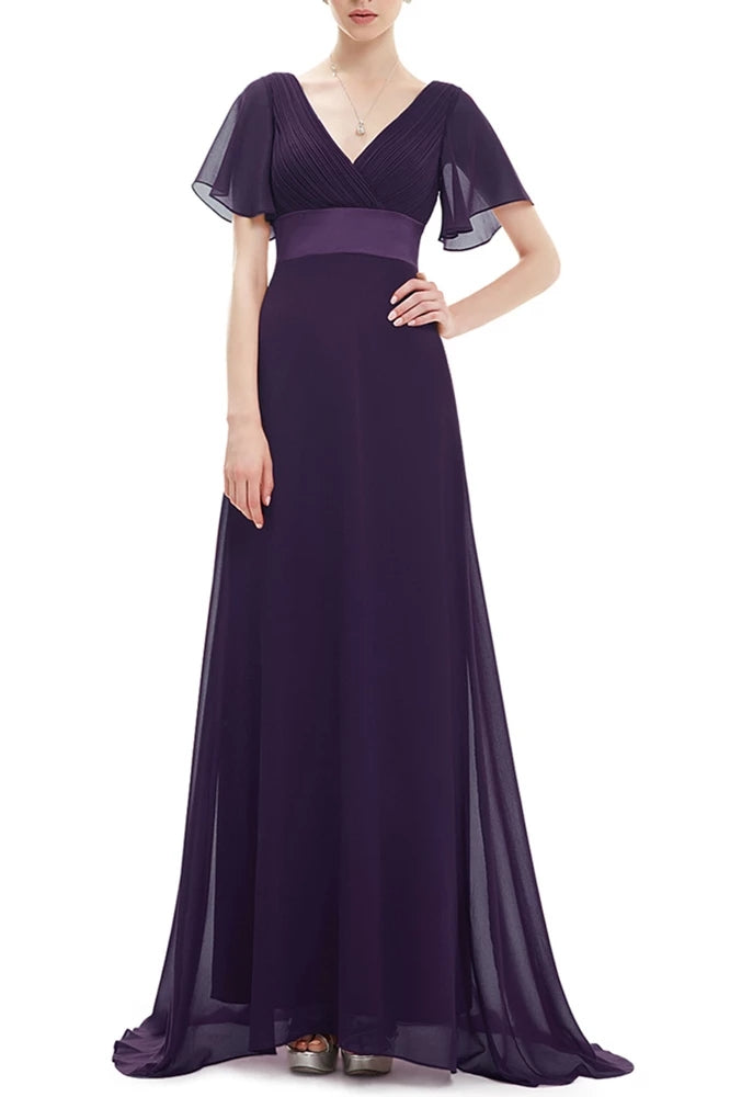 Flowy Chiffon Dark Navy Blue Prom Dresses V-Neck Short Sleeve Long Bridesmaid Dresses XU90812