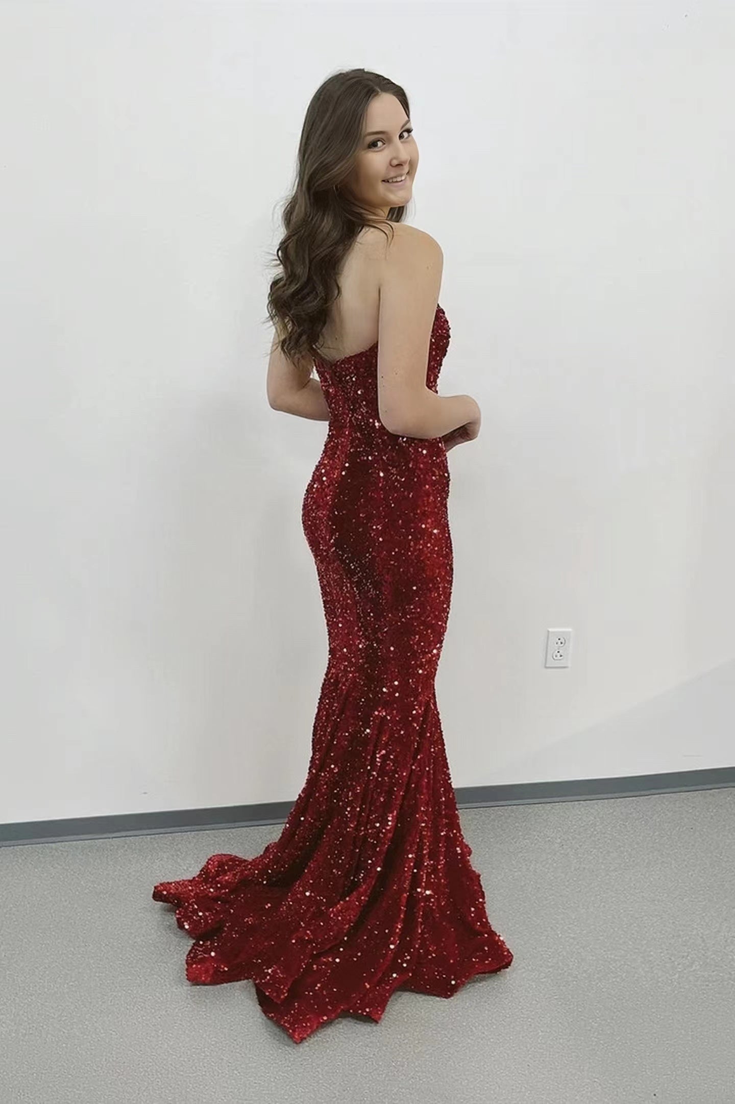 Glitter Strapless Mermaid Burgundy Long Sequin Prom Dresses Y0406
