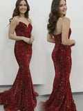 Glitter Strapless Mermaid Burgundy Long Sequin Prom Dresses Y0406