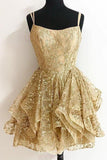 Glitter Spaghetti Straps Gold Mini Homecoming Dresses