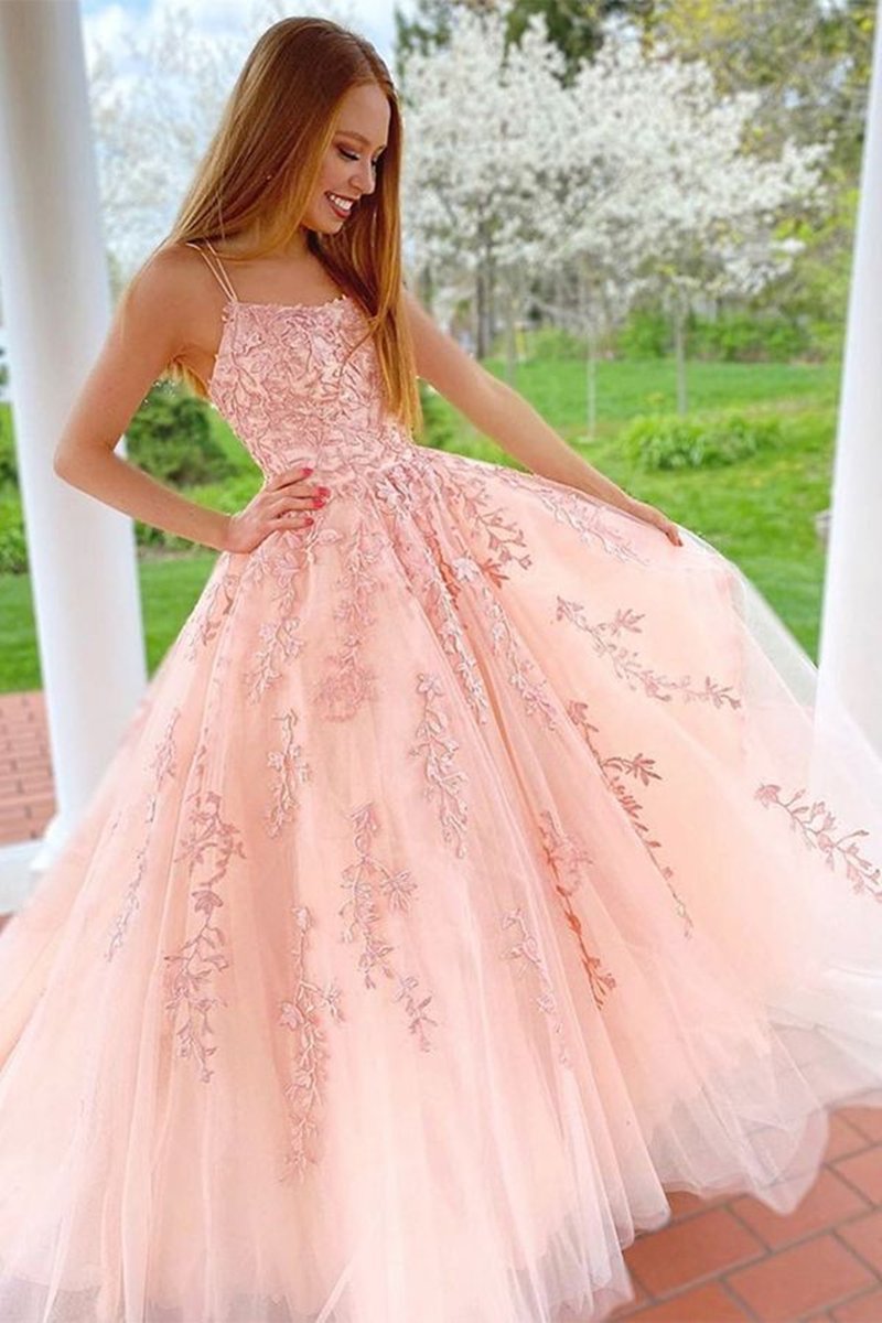 Lace Appliques Pink A-Line Tulle Long Prom Dress With Straps