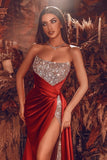 Party Dresses Gorgeous Strapless Mermaid Red Long Prom Dresses Split Long With Sequins PD0742