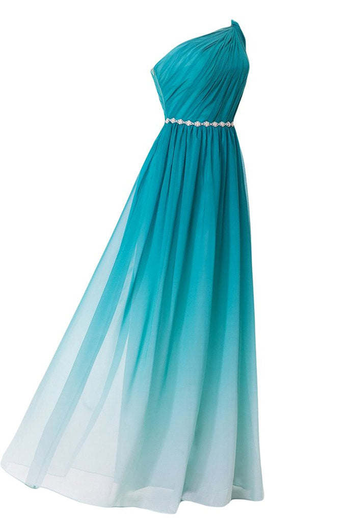 Turquoise Gradient Ombre One Shoulder Chiffon Ruched Dresses with Beaded Embellished Belt N670