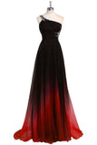 Gradient One Shoulder Chiffon Evening Dress,Ombre Prom Dresses with Beads,N733