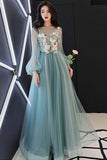 Charming Long Sleeves Tulle Prom Dress with Flowers, A Line Floor Length Party Dress N1758