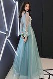 Charming A Line Long Sleeves Tulle Prom Dresses with Flowers N1758