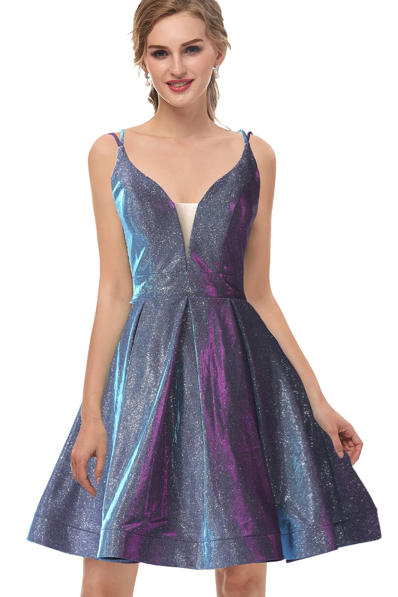 Glitter Spaghetti Straps Grey V-neck Short Homecoming Dresses