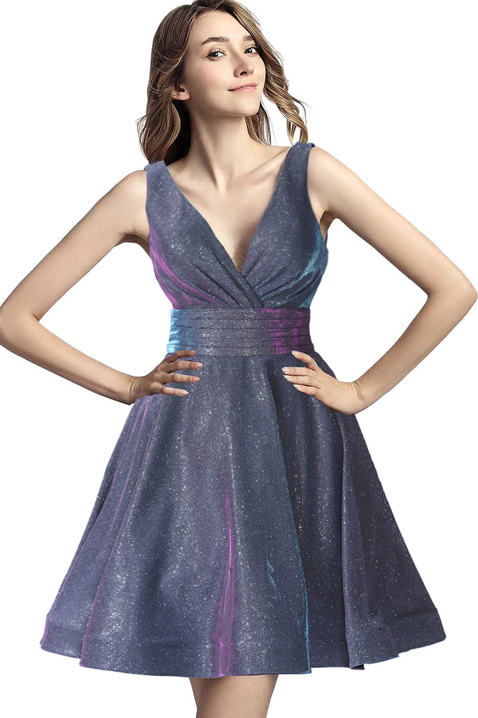 A Line Glitter Grey Sleeveless Short Homecoming Dress With Pockets