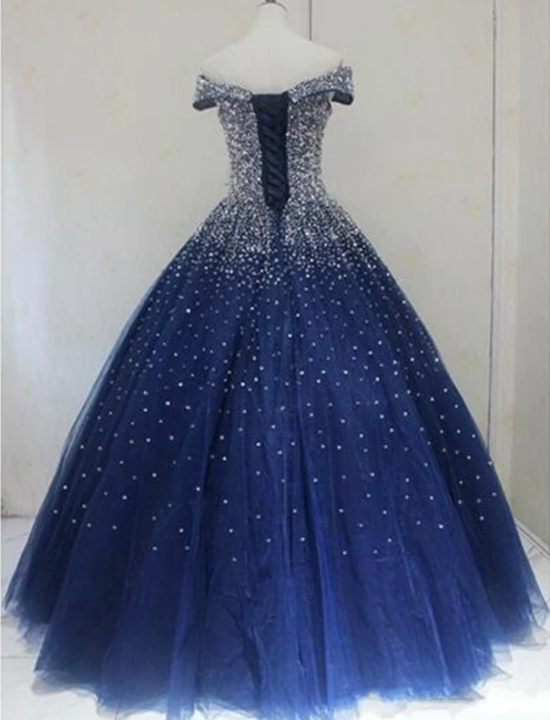 Sparkle Off the Shoulder Blue Ball Gown Prom Dresses Puffy Tulle Quinceanera Dresses N2169