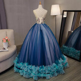 Blue Ball Gown V-Neck Sleeveless Appliqued Tulle Prom Dresses Hot Quinceanera Dresses N2538
