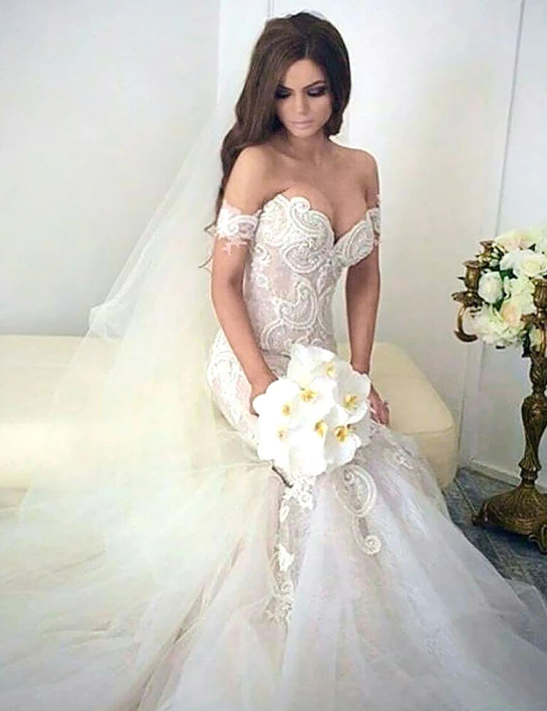 Charming Off-the-Shoulder Mermaid Style Sweep Train Lace Wedding Dresses