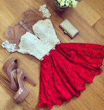 Red Lace Short Sleeve Homecoming Dresses