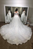 Luxurious Ball Gown Long Sleeves Court Train White Lace Applique Wedding Dress,N429