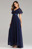 Flowy Chiffon Dark Navy Blue Prom Dresses V-Neck Short Sleeve Long Bridesmaid Dresses XU90812