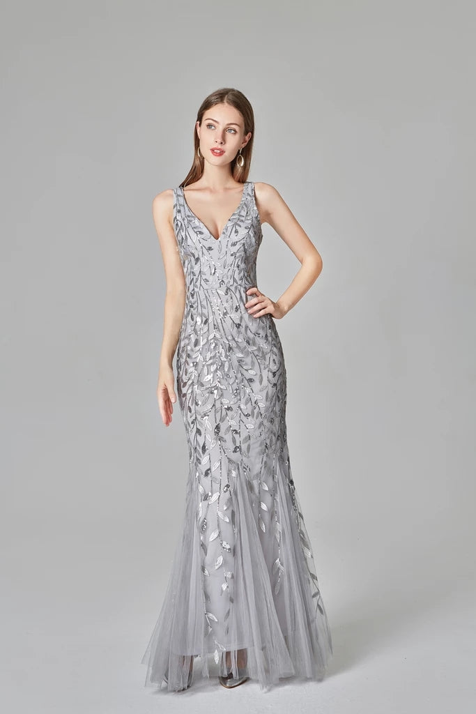 Sexy V-Neck Silver Mermaid Prom Dresses Embroidered Sequins Long Evening Dresses XU90804