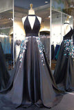 Black Halter Backless Evening Dress Deep V Neck Prom Gown with Appliques N1442