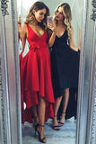 Simple Red High Low V-neck Sleeveless Party Dress,Cheap Sexy Navy Blue Prom Dress,N706
