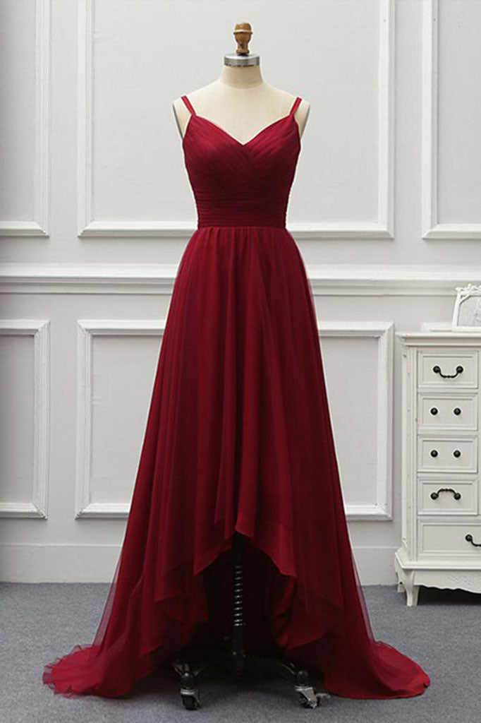 A Line High Low Tulle Prom Dress with Train, Burgundy V Neck Backless Formal Dress N1692