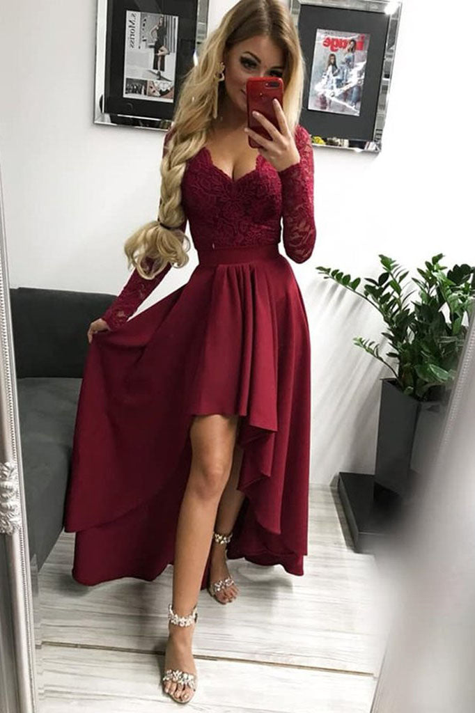 High Low Long Sleeves V Neck Prom Dress, Burgundy A Line Graduation Dress with Lace N1689