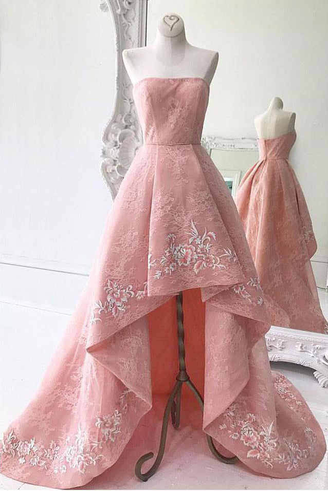 High Low Appliqued Prom Dresses Strapless Asymmetrical Lace Long Prom Dress